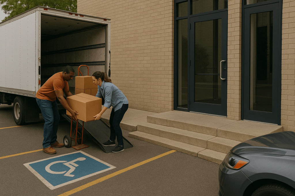 A wide shot shows people unloading goods from a truck beside a building. The parking lot is located far from the entrance, which lacks a clear, accessible pathway highlighting how distance and poor design can be barriers.