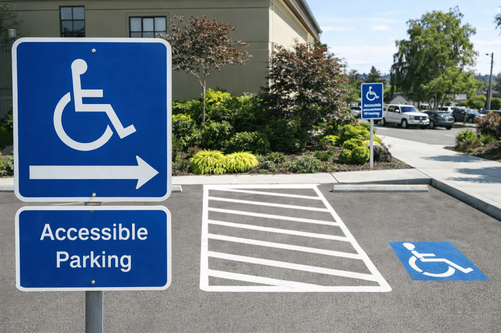 A parking lot with two clearly marked accessible parking bays, each painted with the International Symbol of Access on the ground and an upright vertical sign nearby. A striped no-parking access zone separates the spaces, ensuring enough room for mobility aid users to get in and out of vehicles.