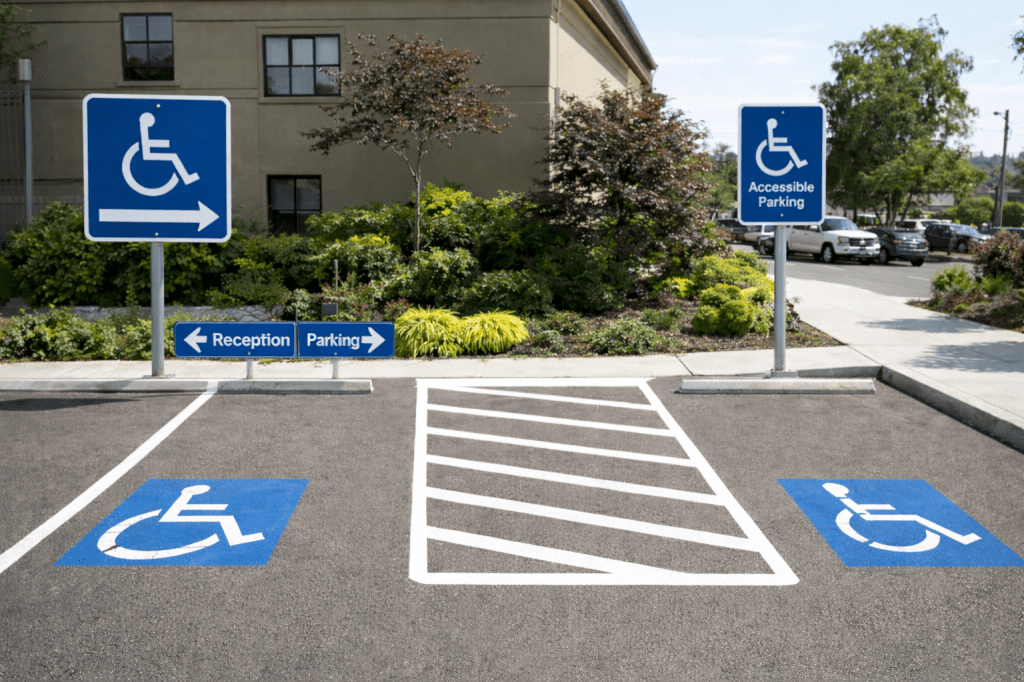 A beige building parking lot with two clearly marked accessible parking spaces, each with the international symbol of access on the ground and vertical signs beside them. Directional arrows on the pavement guide people toward “Reception” and “Parking.” The signs are placed safely and visibly to avoid hazards.